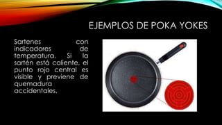 EJEMPLOS DE POKA YOKES 
Sartenes con 
indicadores de 
temperatura. Si la 
sartén está caliente, el 
punto rojo central es 
visible y previene de 
quemadura 
accidentales. 
 