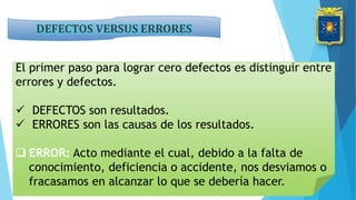 DEFECTOS VERSUS ERRORES
El primer paso para lograr cero defectos es distinguir entre
errores y defectos.
 DEFECTOS son resultados.
 ERRORES son las causas de los resultados.
 ERROR: Acto mediante el cual, debido a la falta de
conocimiento, deficiencia o accidente, nos desviamos o
fracasamos en alcanzar lo que se debería hacer.
 