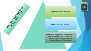 Medidores de contacto
Medidores sin-contacto
Medidores de presión, temperatura,
corriente eléctrica, vibración,
número de ciclos, conteo, y
transmisión de información.
 