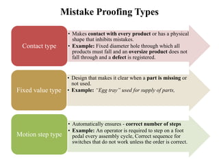 Mistake Proofing Types
• Makes contact with every product or has a physical
shape that inhibits mistakes.
• Example: Fixed diameter hole through which all
products must fall and an oversize product does not
fall through and a defect is registered.
Contact type
• Design that makes it clear when a part is missing or
not used.
• Example: “Egg tray” used for supply of parts,Fixed value type
• Automatically ensures - correct number of steps
• Example: An operator is required to step on a foot
pedal every assembly cycle, Correct sequence for
switches that do not work unless the order is correct.
Motion step type
 