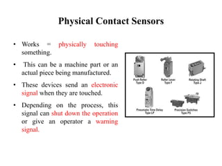Physical Contact Sensors
• Works = physically touching
something.
• This can be a machine part or an
actual piece being manufactured.
• These devices send an electronic
signal when they are touched.
• Depending on the process, this
signal can shut down the operation
or give an operator a warning
signal.
 