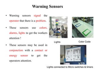 Warning Sensors
• Warning sensors signal the
operator that there is a problem.
• These sensors use colors,
alarms, lights to get the workers
attention !
• These sensors may be used in
conjunction with a contact or
energy sensor to get the
operators attention.
Lights connected to Micro switches & timers
Color CodeLights
 