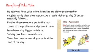 Sai krish
Benefits of Poka Yoke
By applying Poka yoke inline, Mistakes are either prevented or
caught shortly after they happen. As a result higher quality 0f output
naturally follows…
Further these solutions get to the root
cause of the problems and prevent them
from becoming bigger problems.
Solving problems immediately ….
Takes less time to rework products at the
end of the day…
 