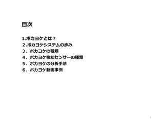 目次
1.ポカヨケとは？
２.ポカヨケシステムの歩み
３．ポカヨケの種類
４．ポカヨケ検知センサーの種類
５．ポカヨケの分析手法
６．ポカヨケ動画事例
2
 