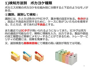 1)検知方法別 ポカヨケ種類
ポカミス対策のポカヨケを仕組み別に分類すると下記のようなモノが
ある。
①識別、選別して検知：
識別には、たとえば色分けやICタグ、置き場の設定がある。色分けは
、良品と不良品を区別するために、ケースに色がついたものを使用す
る。たとえば、赤であれば不良品とする。
また最近ではICタグが用いられるようになってきた。ICタグは双方
向の通信が可能なので、瞬時に情報を入力、出力できる。製品や部品
の加工履歴など簡単にメモリーすることができるため、トレーサービ
リティの把握には、効果を発揮する。
又、選別検査も画像検査機にて精度の高い選別が現在では可能。
22
 