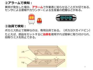 ②アラームで検知：
異常が発生した場合、アラームで作業者に知らせることが大切である、
センサによる警報やカウンターによる生産量の把握などがある。
③治具で検知：
ポカミス防止で簡単なのは、専用治具である。（ポカヨケガイドピン）
たとえば、部品をセットするに治具を使用すれば簡単に取り付けられ、
段取りミスを防止できる。
23
 