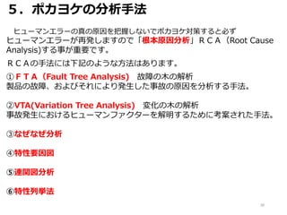 ５．ポカヨケの分析手法
ヒューマンエラーの真の原因を把握しないでポカヨケ対策すると必ず
ヒューマンエラーが再発しますので「根本原因分析」ＲＣＡ（Root Cause
Analysis)する事が重要です。
ＲＣＡの手法には下記のような方法はあります。
①ＦＴＡ（Fault Tree Analysis) 故障の木の解析
製品の故障、およびそれにより発生した事故の原因を分析する手法。
②VTA(Variation Tree Analysis) 変化の木の解析
事故発生におけるヒューマンファクターを解明するために考案された手法。
③なぜなぜ分析
④特性要因図
⑤連関図分析
⑥特性列挙法
39
 