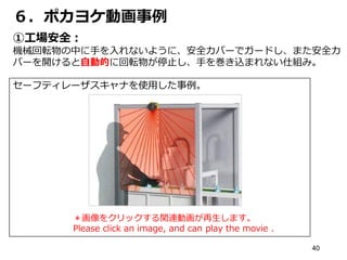40
６．ポカヨケ動画事例
①工場安全：
機械回転物の中に手を入れないように、安全カバーでガードし、また安全カ
バーを開けると自動的に回転物が停止し、手を巻き込まれない仕組み。
セーフティレーザスキャナを使用した事例。
＊画像をクリックする関連動画が再生します。
Please click an image, and can play the movie .
 