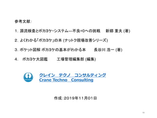 ク コンサルティング
クレイン テクノ コンサルティング
Crane Techno Consulting
作成：２０１９年１１月０１日
46
参考文献：
１．源流検査とポカヨケ・システム―不良=0への挑戦 新郷 重夫 (著)
２．よくわかる「ポカヨケ」の本 (ナットク現場改善シリーズ)
３．ポケット図解 ポカヨケの基本がわかる本 長谷川 浩一 (著)
４． ポカヨケ大図鑑 工場管理編集部 (編集)
 