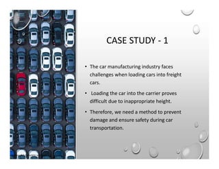 CASE STUDY - 1
• The car manufacturing industry faces
challenges when loading cars into freight
cars.
• Loading the car into the carrier proves
difficult due to inappropriate height.
• Therefore, we need a method to prevent
damage and ensure safety during car
transportation.
Aadya L&D Complete solutions
 