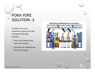 To address this issue,
companies employ poka yoke
through the following
measures:
• They install pedestal fans
near the conveyors.
• They blow off unfilled boxes
from the conveyor.
POKA YOKE
SOLUTION -2
Aadya L&D Complete solutions
 