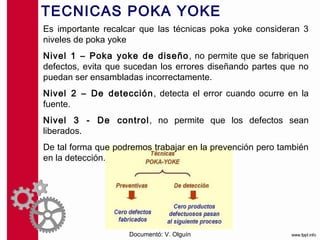 TECNICAS POKA YOKE
Es importante recalcar que las técnicas poka yoke consideran 3
niveles de poka yoke
Nivel 1 – Poka yoke de diseño , no permite que se fabriquen
defectos, evita que sucedan los errores diseñando partes que no
puedan ser ensambladas incorrectamente.
Nivel 2 – De detección , detecta el error cuando ocurre en la
fuente.
Nivel 3 - De control , no permite que los defectos sean
liberados.
De tal forma que podremos trabajar en la prevención pero también
en la detección.




                    Documentó: V. Olguín
 