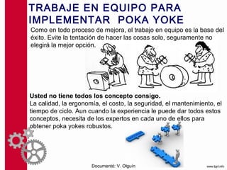 TRABAJE EN EQUIPO PARA
IMPLEMENTAR POKA YOKE
Como en todo proceso de mejora, el trabajo en equipo es la base del
éxito. Evite la tentación de hacer las cosas solo, seguramente no
elegirá la mejor opción.




Usted no tiene todos los concepto consigo.
La calidad, la ergonomía, el costo, la seguridad, el mantenimiento, el
tiempo de ciclo. Aun cuando la experiencia le puede dar todos estos
conceptos, necesita de los expertos en cada uno de ellos para
obtener poka yokes robustos.




                      Documentó: V. Olguín
 
