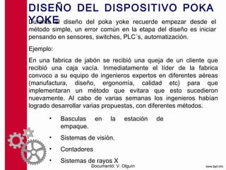 DISEÑO DEL DISPOSITIVO POKA
                         YOKE
Durante el diseño del poka yoke recuerde empezar desde       el
método simple, un error común en la etapa del diseño es iniciar
pensando en sensores, switches, PLC´s, automatización.
Ejemplo:
En una fabrica de jabón se recibió una queja de un cliente que
recibió una caja vacía. Inmediatamente el líder de la fabrica
convoco a su equipo de ingenieros expertos en diferentes aéreas
(manufactura, diseño, ergonomía, calidad etc) para que
implementaran un método que evitara que esto sucedieron
nuevamente. Al cabo de varias semanas los ingenieros habían
logrado desarrollar varias propuestas, con diferentes métodos.

      •    Basculas     en    la     estación   de
           empaque.
      •    Sistemas de visión.
      •    Contadores
      •    Sistemas de rayos X
                      Documentó: V. Olguín
 