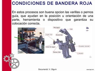 CONDICIONES DE BANDERA ROJA

En estos procesos son buena opcion las varillas o pernos
guía, que ayudan en la posición u orientación de una
parte, herramienta o dispositivo que garantiza su
colocación correcta.




                  Documentó: V. Olguín
 