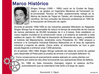 Marco Histórico
                Shigeo Shingo (1909 – 1990) nació en la Ciudad de Saga,
                Japón y se gradúo en Ingeniería Mecánica de Yamanashi en
                la Universidad Técnica en 1930; posteriormente trabajó en la
                fábrica de trenes de Taipei en Taiwán, ahí introdujo la dirección
                científica. Se hizo consultor de dirección profesional en 1945 de
                la Asociación de Dirección de Japón.

Durante el periodo 1956-1958 en las industrias pesadas Mitsubishi en Nagasaki,
Shigeo Shingo fue el responsable de reducir el tiempo de ensamble de los cascos
de barcos petroleros de 65,000 toneladas de 4 a 2 meses. Esto estableció un
nuevo registro mundial en la construcción naval, y el sistema se extendió a cada
astillero en Japón. En 1959 dejó la Asociación de Dirección de Japón y estableció
el Instituto del Mejoramiento, teniéndolo como Presidente. En 1962 empezó a
entrenar a la Compañía Industrial Eléctrica Matsushita en el área de ingeniería
industrial y mejoras de planta. Como antes, el entrenamiento se hizo a gran
escala llegando a entrenar unas 7,000 personas.
En el periodo 1961-1964 Shigeo Shingo extendió las ideas de control de calidad
para desarrollar el Poka-yoke (a prueba de errores o el concepto defectos= 0).
 Como consecuencia el acercamiento estaba aplicado en varias plantas con
 registros por sobre los dos años funcionando sus operaciones libres de defecto.
       En 1968 en Sata Ironworks (herrajes) originó el sistema de Pre-
       automatización que se extendería más tarde a lo largo de Japón.

                         Documentó: V. Olguín
 