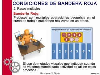 CONDICIONES DE BANDERA ROJA
5. Pasos múltiples
Banderín Rojo:
Procesos con multiples operaciones pequeñas en el
curso de trabajo que deban realizarse en un orden.




     El uso de metodos visuales que indiquen cuando
     se va completando cada actividad es util en estos
     procesos.
                Documentó: V. Olguín
 