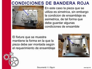 CONDICIONES DE BANDERA ROJA
                         En este caso la pieza que se
                         utiliza es simetrica, sin embargo
                         la condicion de ensamblaje es
                         asimetrica, de tal forma que
                         debe guardar algunas
                         condiciones de ensamble


El fixture que se muestra
mantiene la forma en la que la
pieza debe ser montada según
el requerimiento de ensamblaje




                 Documentó: V. Olguín
 