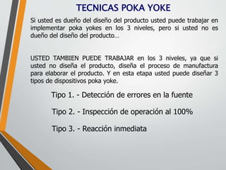 TECNICAS POKA YOKE 
Si usted es dueño del diseño del producto usted puede trabajar en 
implementar poka yokes en los 3 niveles, pero si usted no es 
dueño del diseño del producto… 
USTED TAMBIEN PUEDE TRABAJAR en los 3 niveles, ya que si 
usted no diseña el producto, diseña el proceso de manufactura 
para elaborar el producto. Y en esta etapa usted puede diseñar 3 
tipos de dispositivos poka yoke. 
Tipo 1. - Detección de errores en la fuente 
Tipo 2. - Inspección de operación al 100% 
Tipo 3. - Reacción inmediata 
 