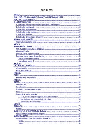 SPIS TREŚCI
WSTĘP ..............................................................................................5
ZNAJ SWÓJ CEL KLAROWNIE I ZOBACZ GO LEPSZYM NIŻ JEST .........................9
PUK, PUK! GDZIE JESTEŚ? ....................................................................11
6 POTRZEB LUDZKICH .........................................................................17
1. Potrzeba pewności i komfortu (jedzenie, schronienie) ............................18
2. Potrzeba niepewności ....................................................................18
3. Potrzeba różnorodności ..................................................................19
4. Potrzeba bycia ważnym .................................................................19
5. Potrzeba wzrostu .........................................................................22
6. Potrzeba dzielenia się z innymi ........................................................22
ROZPOCZĘCIE PODRÓŻY ......................................................................23
Precyzyjne ustalenie celu ..................................................................25
KROK 1:
KLAROWNOŚĆ I WIARA ........................................................................27
Kim musisz się stać, by to osiągnąć? ......................................................30
Klarowność celu ..............................................................................32
Emocje, serce bije mocniej!!! .............................................................33
Zapoznaj się ze swoją drogą do celu .....................................................33
Nieświadome samolubstwo .............................................................35
Przeszkoda numer 2 ......................................................................36
KROK 2:
CEL MUSI BYĆ OSIĄGALNY! ...................................................................40
Wyłącz odbiór ................................................................................44
Pozytywna intencja ..........................................................................46
KROK 3:
FOCUS ............................................................................................48
Koncentracja na punkcie ...................................................................49
KROK 4:
CZAS! ..............................................................................................51
Technika DTI ..................................................................................56
Modelowanie ..................................................................................58
Scenariusz z nowej perspektywy ..........................................................59
Time line .....................................................................................67
Szybki skok ponad pułapką .................................................................68
1. Zaczyna działać przyciąganie do strefy komfortu ...............................68
2. Być może na początku coś się nie udaje ..........................................69
3. Zmienia się znaczenie celu ..........................................................71
KROK 5:
ROZMACH ........................................................................................73
Mentor .........................................................................................75
SMAK, ZAPACH I TEMPERATURA ZMIANY ..................................................76
Spójrz w błyskawicę i uśmiechnij się! ....................................................78
SUBMODALNOŚCI ...............................................................................81
Tajemna recepta na zmianę emocji (VAKOG) ...........................................82
Wizja .......................................................................................83
Audio .......................................................................................83
 