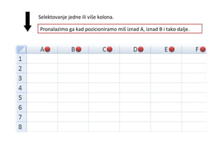 Selektovanje jedne ili više kolona.
Pronalazimo ga kad pozicioniramo miš iznad A, iznad B i tako dalje.
 