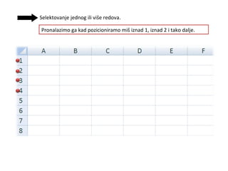 Selektovanje jednog ili više redova.
Pronalazimo ga kad pozicioniramo miš iznad 1, iznad 2 i tako dalje.
 