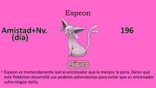 Espeon
• Espeon es tremendamente leal al entrenador que le merece la pena. Dicen que
este Pokémon desarrolló sus poderes adivinatorios para evitar que su entrenador
sufra ningún daño.
 