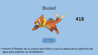 Buizel
• Hincha el flotador de su cuerpo para flotar y saca la cabeza de la superficie del
agua para explorar sus alrededores.
 