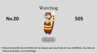 Watchog
• Ataca lanzando las semillas de las bayas que acumula en sus mofletes. Su cola se
tensa al avistar a un enemigo.
 
