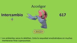 Accelgor
• Los ambientes secos lo debilitan. Evita la sequedad envolviéndose en muchas
membranas finas superpuestas.
 