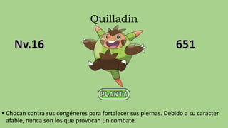Quilladin
• Chocan contra sus congéneres para fortalecer sus piernas. Debido a su carácter
afable, nunca son los que provocan un combate.
 