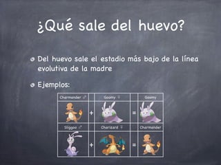 ¿Qué sale del huevo?
Del huevo sale el estadio más bajo de la línea
evolutiva de la madre
Ejemplos:
Charmander ♂

Goomy ♀

+
Sliggoo ♂

Goomy

=
Charizard ♀

+

Charmander

=

 