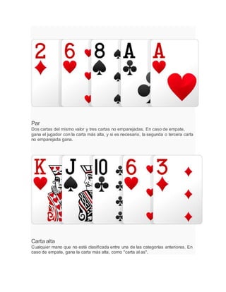 Par
Dos cartas del mismo valor y tres cartas no emparejadas. En caso de empate,
gana el jugador con la carta más alta, y si es necesario, la segunda o tercera carta
no emparejada gana.
Carta alta
Cualquier mano que no esté clasificada entre una de las categorías anteriores. En
caso de empate, gana la carta más alta, como "carta al as".
 