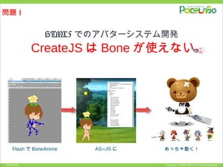 Copyright © POKELABO.inc All Rights Reserved.Confidential
Flash で BoneAnime AS JS⇒ に めっちゃ動く！
HTML5 でのアバターシステム開発
問題 1
CreateJS は Bone が使えない
 