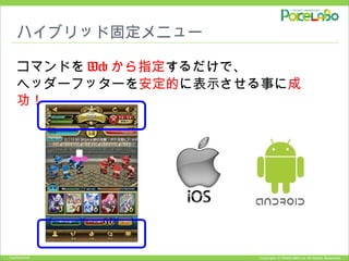 Copyright © POKELABO.inc All Rights Reserved.Confidential
ハイブリッド固定メニュー
コマンドを Web から指定するだけで、
ヘッダーフッターを安定的に表示させる事に成
功！
 