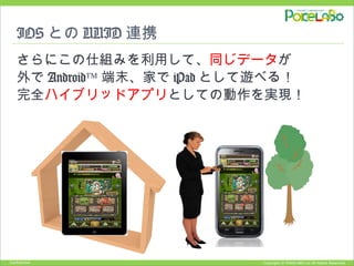 Copyright © POKELABO.inc All Rights Reserved.Confidential
IOS との UUID 連携
さらにこの仕組みを利用して、同じデータが
外で Android™ 端末、家で iPad として遊べる！
完全ハイブリッドアプリとしての動作を実現！
 