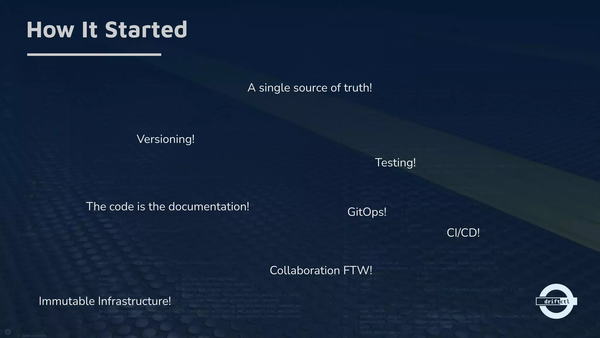 How It Started
A single source of truth!
Versioning!
The code is the documentation!
Testing!
Collaboration FTW!
Immutable Infrastructure!
GitOps!
CI/CD!
 