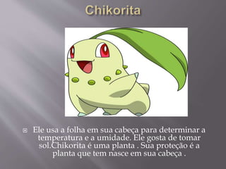  Ele usa a folha em sua cabeça para determinar a
temperatura e a umidade. Ele gosta de tomar
sol.Chikorita é uma planta . Sua proteção é a
planta que tem nasce em sua cabeça .
 