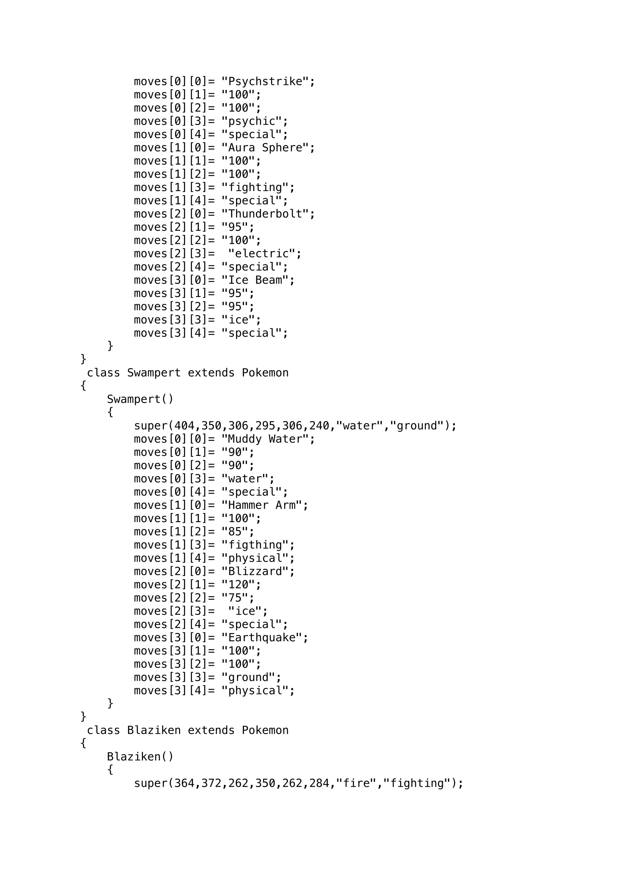 moves[0][0]= "Psychstrike"; 
moves[0][1]= "100"; 
moves[0][2]= "100"; 
moves[0][3]= "psychic"; 
moves[0][4]= "special"; 
moves[1][0]= "Aura Sphere"; 
moves[1][1]= "100"; 
moves[1][2]= "100"; 
moves[1][3]= "fighting"; 
moves[1][4]= "special"; 
moves[2][0]= "Thunderbolt"; 
moves[2][1]= "95"; 
moves[2][2]= "100"; 
moves[2][3]= "electric"; 
moves[2][4]= "special"; 
moves[3][0]= "Ice Beam"; 
moves[3][1]= "95"; 
moves[3][2]= "95"; 
moves[3][3]= "ice"; 
moves[3][4]= "special"; 
} 
} 
class Swampert extends Pokemon 
{ 
Swampert() 
{ 
super(404,350,306,295,306,240,"water","ground"); 
moves[0][0]= "Muddy Water"; 
moves[0][1]= "90"; 
moves[0][2]= "90"; 
moves[0][3]= "water"; 
moves[0][4]= "special"; 
moves[1][0]= "Hammer Arm"; 
moves[1][1]= "100"; 
moves[1][2]= "85"; 
moves[1][3]= "figthing"; 
moves[1][4]= "physical"; 
moves[2][0]= "Blizzard"; 
moves[2][1]= "120"; 
moves[2][2]= "75"; 
moves[2][3]= "ice"; 
moves[2][4]= "special"; 
moves[3][0]= "Earthquake"; 
moves[3][1]= "100"; 
moves[3][2]= "100"; 
moves[3][3]= "ground"; 
moves[3][4]= "physical"; 
} 
} 
class Blaziken extends Pokemon 
{ 
Blaziken() 
{ 
super(364,372,262,350,262,284,"fire","fighting"); 
 