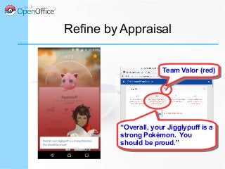Refine by Appraisal
“Overall, your Jigglypuff is a
strong Pokémon. You
should be proud.”
“Overall, your Jigglypuff is a
strong Pokémon. You
should be proud.”
Team Valor (red)Team Valor (red)
 