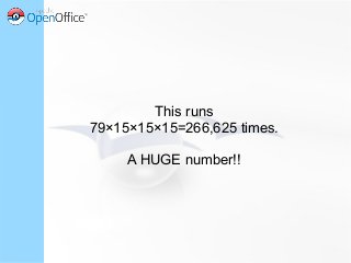 This runs
79×15×15×15=266,625 times.
A HUGE number!!
 