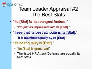 Team Leader Appraisal #2
The Best Stats
● “Its [Stat] is its strongest feature.Its [Stat] is its strongest feature.”
– “I'm just as impressed with its [Stat].I'm just as impressed with its [Stat].”
● “I see that its best attribute is its [Stat].I see that its best attribute is its [Stat].”
– “It is matched equally by its [Stat].It is matched equally by its [Stat].”
● “Its best quality is [Stat].Its best quality is [Stat].”
– “Its [Stat] is great, too!Its [Stat] is great, too!”
– The listed HP/Attack/Defense are equally its
best stats.
 
