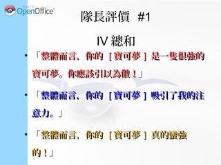 隊長評價 #1
IV 總和
●
「整體而言，你的整體而言，你的 [[ 寶可夢寶可夢 ]] 可能不太適合可能不太適合
對戰。但我蠻喜歡 的！牠對戰。但我蠻喜歡 的！牠 」
●
「整體而言，你的整體而言，你的 [[ 寶可夢寶可夢 ]] 應該很難在對應該很難在對
戰中派上用場。戰中派上用場。」
●
「整體而言，你的整體而言，你的 [[ 寶可夢寶可夢 ]] 還有很多進步還有很多進步
的空間。的空間。」
 