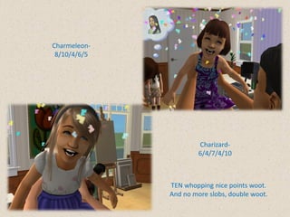Charmeleon-
 8/10/4/6/5




                       Charizard-
                       6/4/7/4/10



              TEN whopping nice points woot.
              And no more slobs, double woot.
 