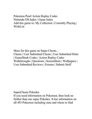 Pokémon Diamond Action Replay Codes for Nintendo DS