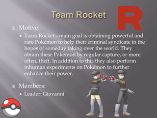 

Motive:




Team Rocket's main goal is obtaining powerful and
rare Pokémon to help their criminal syndicate in the
hopes of someday taking over the world. They
obtain these Pokémon by regular capture, or more
often, theft. In addition to this they also perform
inhuman experiments on Pokémon to further
enhance their power.

Members:


Leader: Giovanni

 