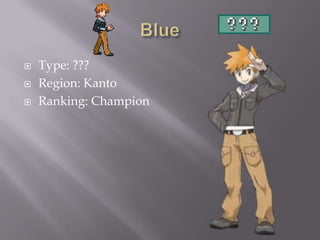 



Type: ???
Region: Kanto
Ranking: Champion

 