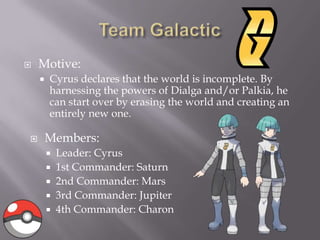 

Motive:




Cyrus declares that the world is incomplete. By
harnessing the powers of Dialga and/or Palkia, he
can start over by erasing the world and creating an
entirely new one.

Members:
Leader: Cyrus
 1st Commander: Saturn
 2nd Commander: Mars
 3rd Commander: Jupiter
 4th Commander: Charon


 