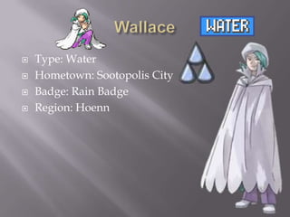 




Type: Water
Hometown: Sootopolis City
Badge: Rain Badge
Region: Hoenn

 