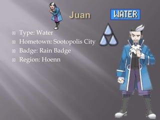




Type: Water
Hometown: Sootopolis City
Badge: Rain Badge
Region: Hoenn

 